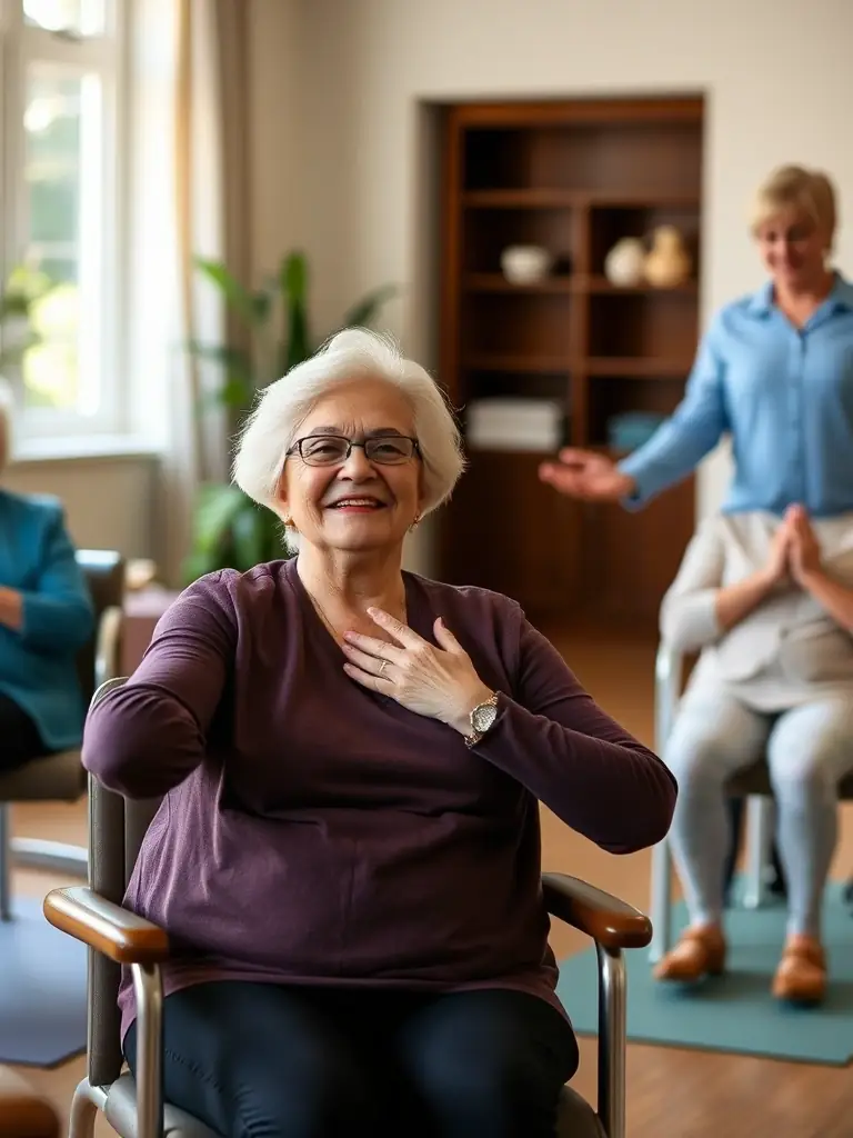 A senior citizen participating in a chair-based exercise class, demonstrating the adaptability of gymnastics for older adults and promoting active aging.