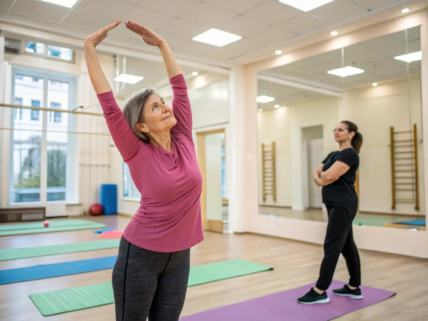 A person smiling while performing a simple gymnastic exercise, highlighting the association's focus on improving well-being through accessible physical activity.