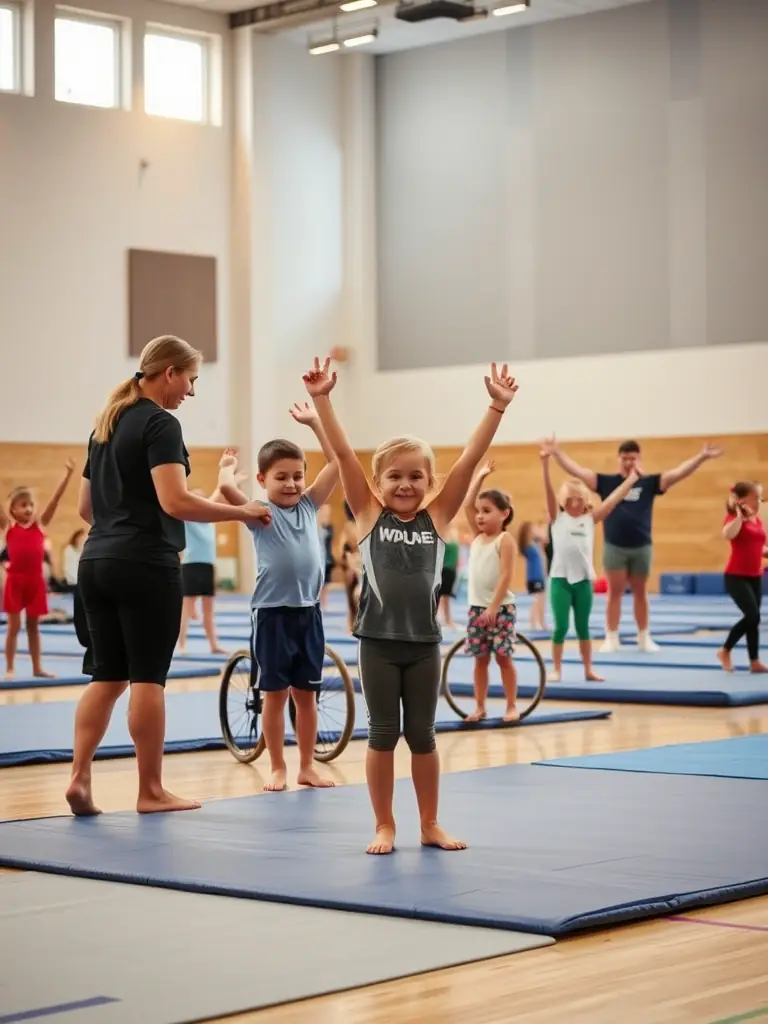 A diverse group of individuals with varying abilities participating in an inclusive gymnastics session, emphasizing adaptability, support, and the celebration of individual achievements at SECTION GYMNASTIQUE VOLONTAIRE.
