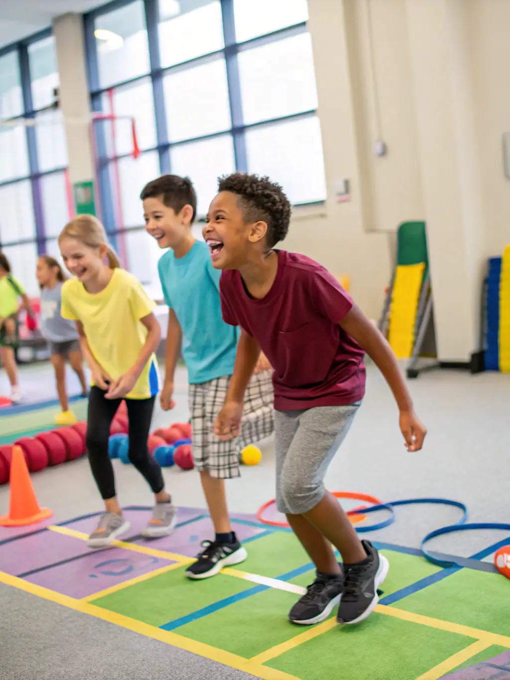 A vibrant image of children laughing and playing during a voluntary gymnastics session at SECTION GYMNASTIQUE VOLONTAIRE, highlighting the fun and social aspects of the program.