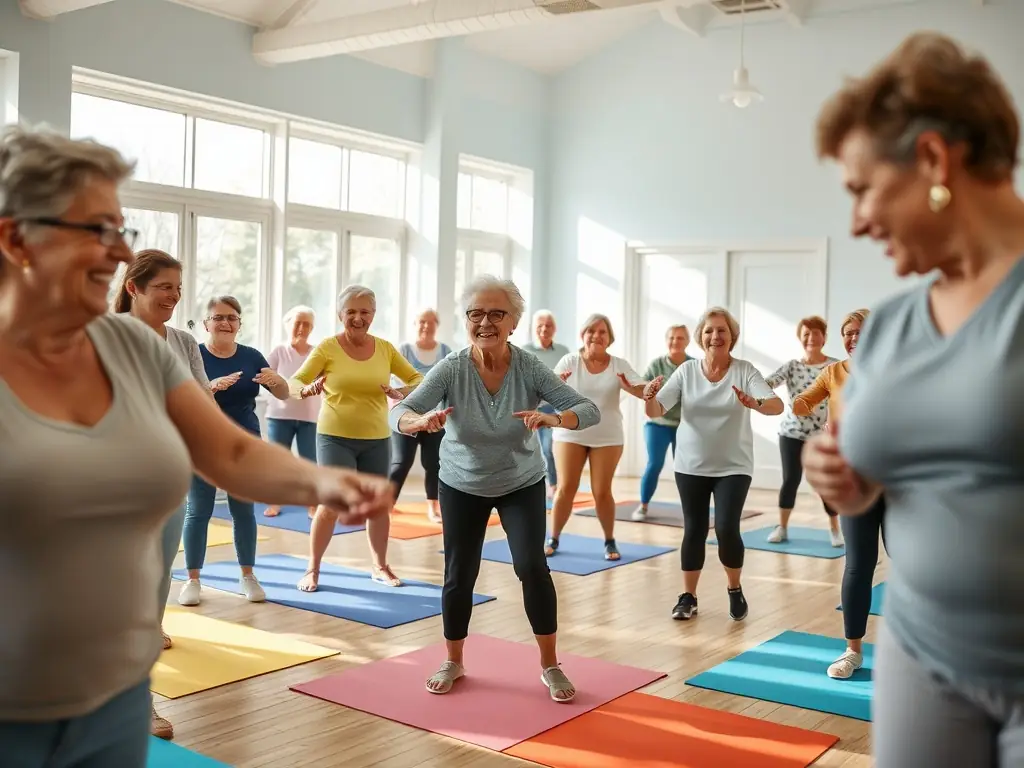 A diverse group of adults engaged in a gymnastics session, showcasing the association's inclusive approach to physical education.