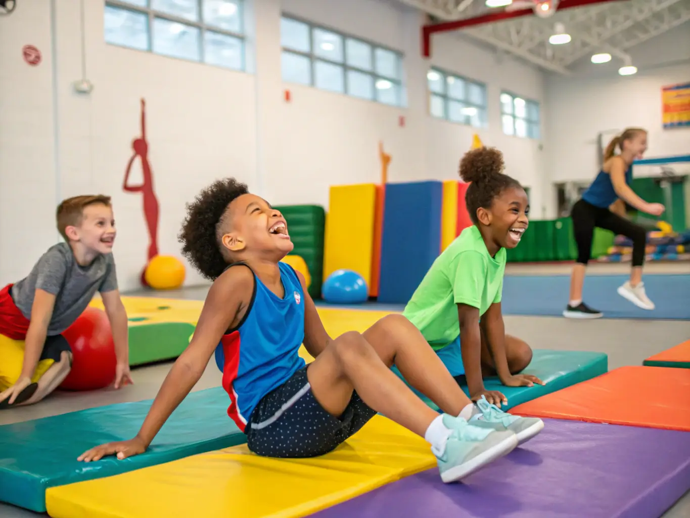 A vibrant image of children participating in a fun and engaging gymnastics class, showcasing their energy and enthusiasm as they learn new skills.