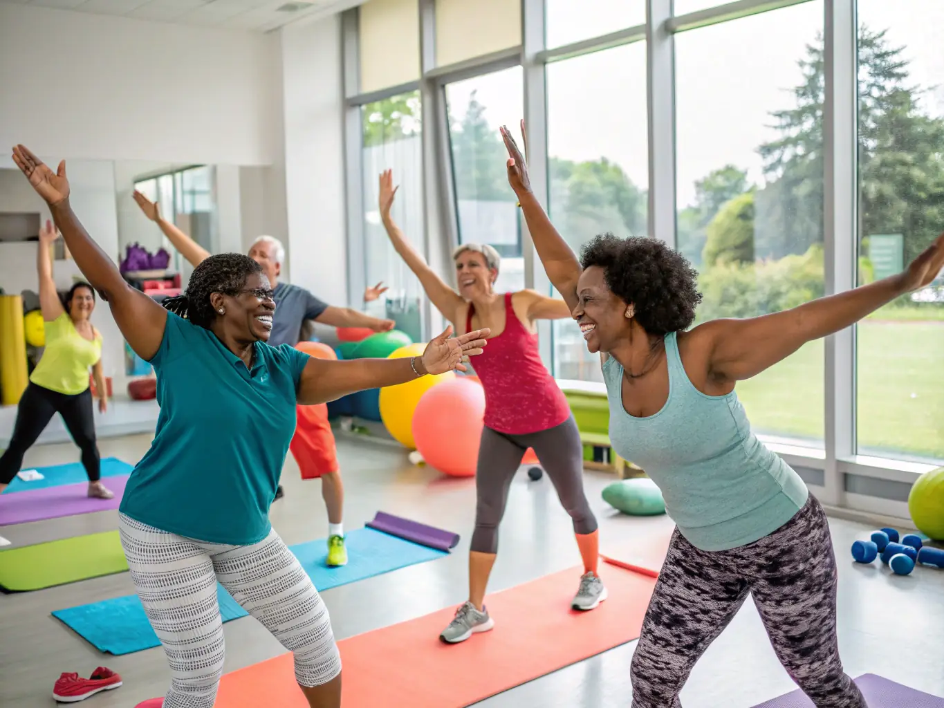 An image of adults participating in a group fitness class, performing various exercises to improve their strength, endurance, and overall fitness levels.