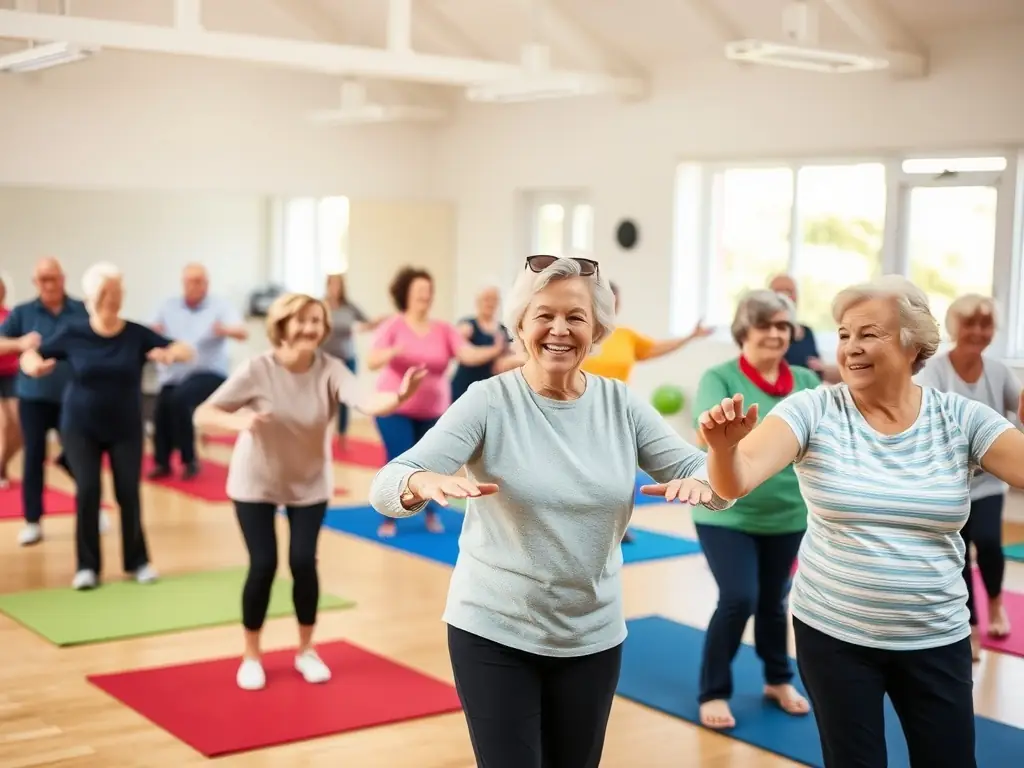 A group of smiling seniors participating in a gentle gymnastics class, demonstrating the association's commitment to lifelong mobility and well-being.