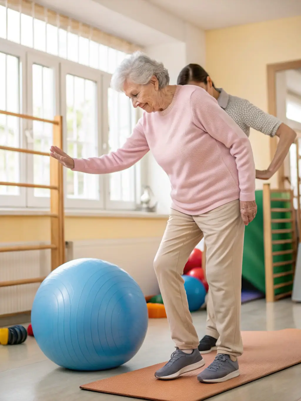 A senior citizen confidently performing a balance exercise during a specialized gymnastics class at SECTION GYMNASTIQUE VOLONTAIRE, emphasizing the benefits for older adults.