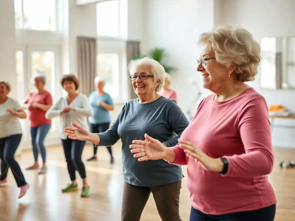 A group of senior adults participating in a gentle gymnastics class, focusing on balance and flexibility exercises, with a supportive instructor guiding them.
