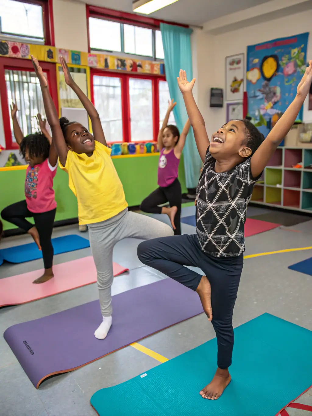 Children engaged in a fun and safe gymnastics activity, supervised by qualified instructors, emphasizing the development of motor skills and coordination.