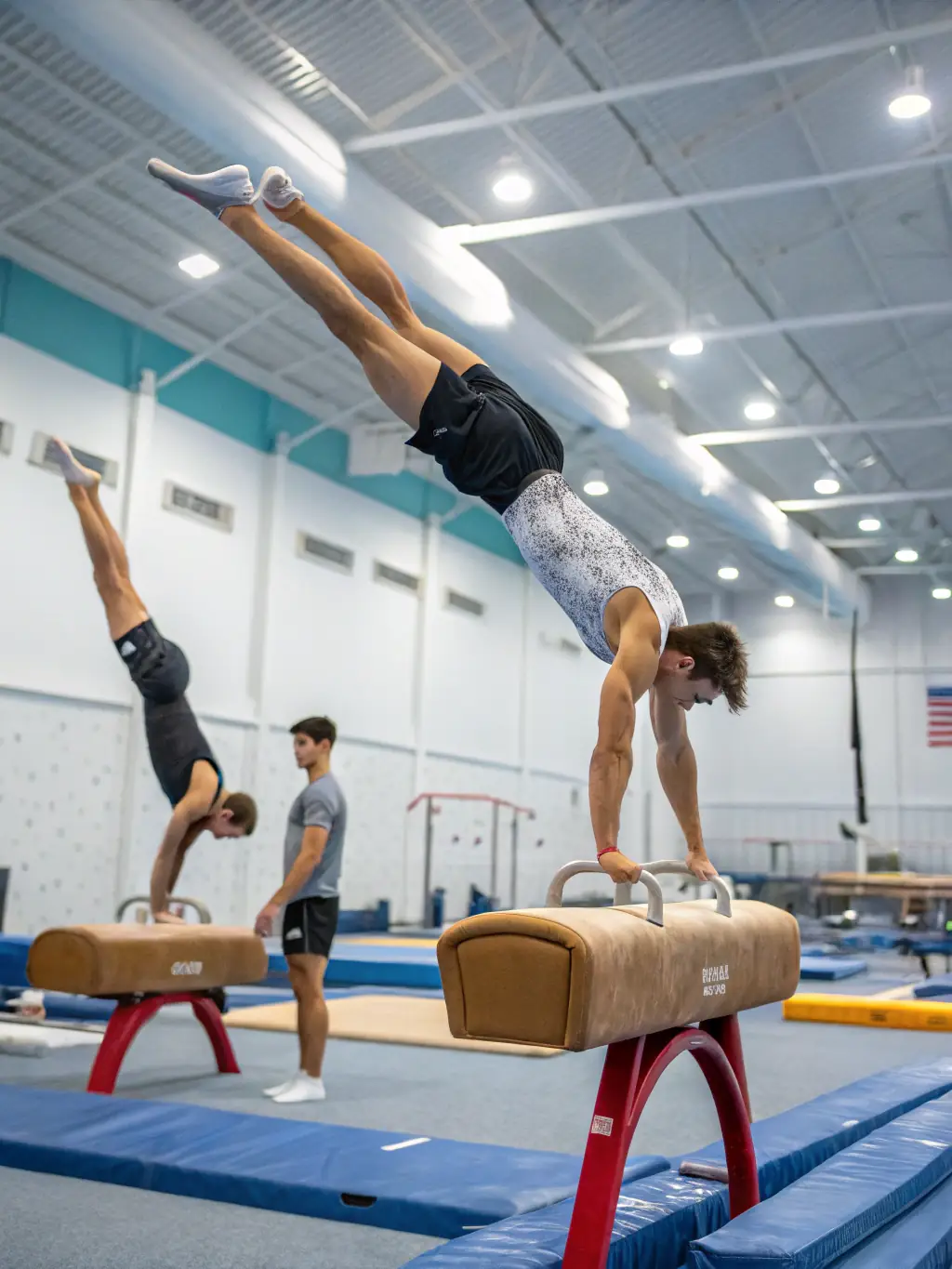 Teenagers practicing advanced gymnastics techniques on the uneven bars, showcasing strength, flexibility, and precision under the supervision of experienced coaches at SECTION GYMNASTIQUE VOLONTAIRE.